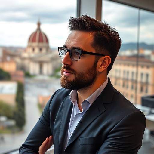 Alessandro Fontana, project manager, lavora in un ufficio con vista sulla citt&agrave; di Roma, concentrato sul suo lavoro.