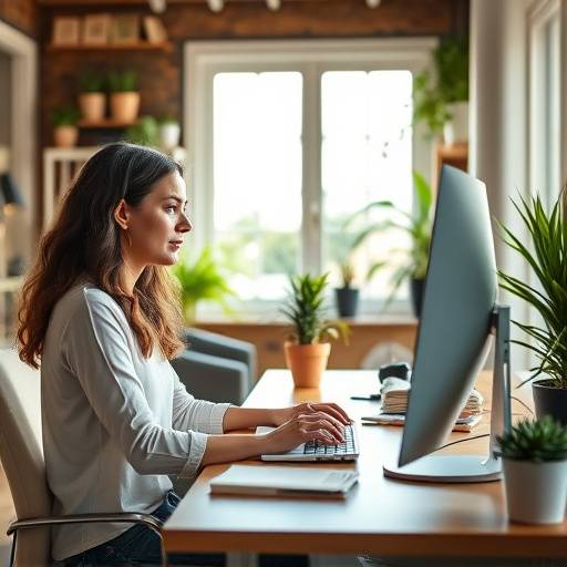 Chiara Esposito, fondatrice di EcoFriendly Solutions, lavora al computer in un co-working space luminoso.