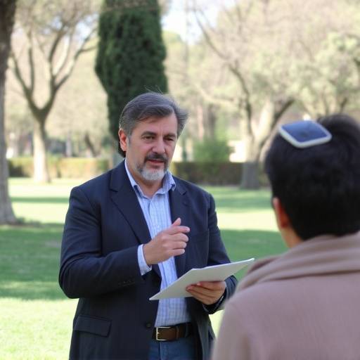 Davide Romano, consulente finanziario, durante una sessione di coaching all'aperto in un parco di Roma.