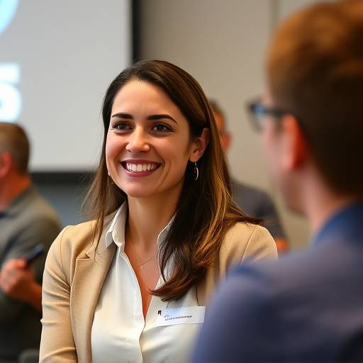 Giulia Bianchi, Marketing Manager, sorride durante una presentazione di marketing in una sala conferenze.