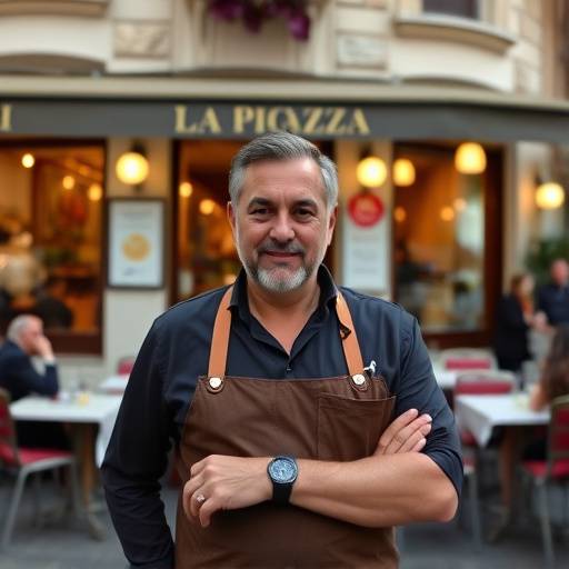 Luca Verdi, proprietario di un ristorante, in piedi davanti al suo ristorante 'La Piazza' a Roma.