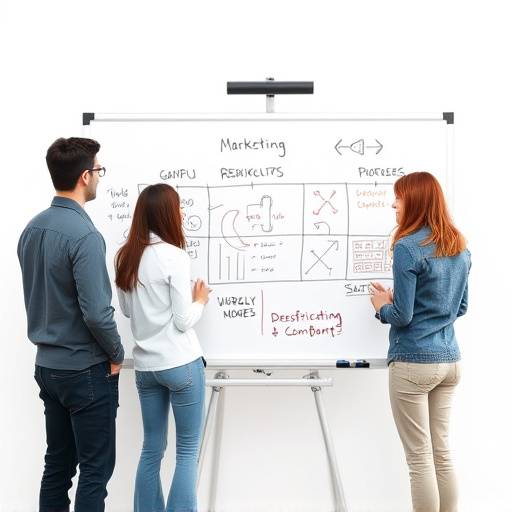 Persone che collaborano a una lavagna durante un workshop di marketing