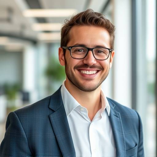 Ritratto sorridente di Marco Rossi, CEO di Tech Solutions, in un ambiente ufficio moderno.