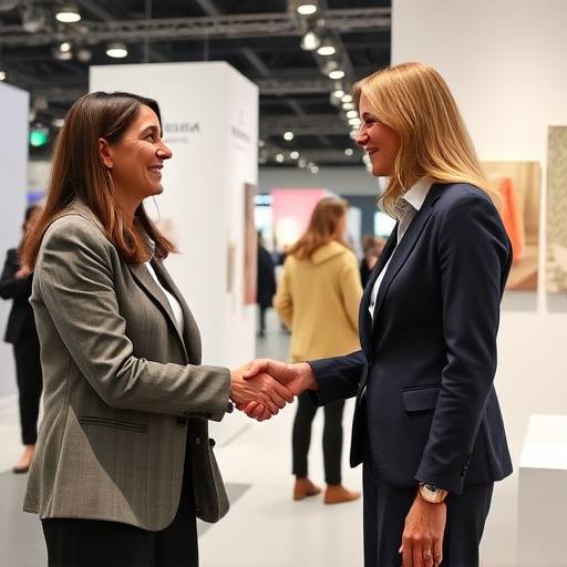 Sofia Moretti, direttore commerciale, stringe la mano a un cliente durante una fiera di design a Milano.