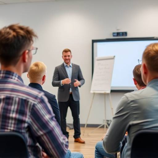 Un formatore che parla a un gruppo di persone durante una sessione di formazione