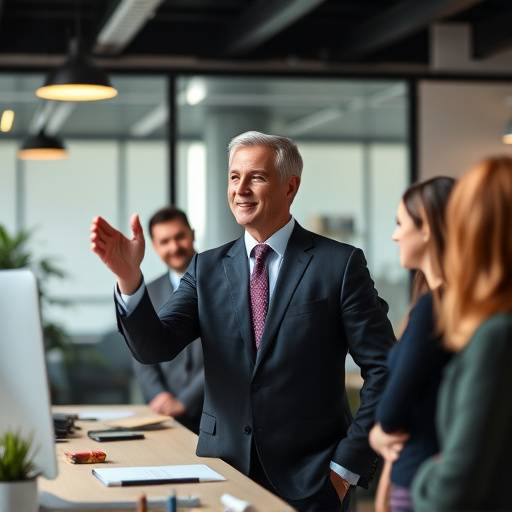 Un leader che ispira il suo team, guidandoli verso un obiettivo comune in un ambiente lavorativo dinamico