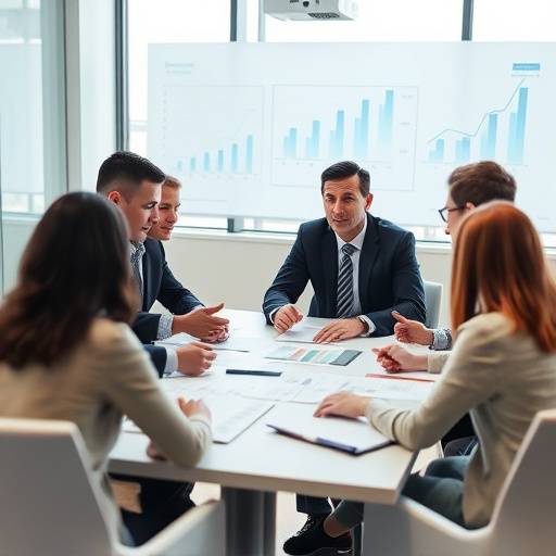 Un team di consulenti aziendali che discutono strategie davanti a un grafico in una sala riunioni moderna