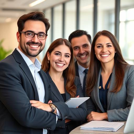 Un team di consulenti aziendali sorridenti che collaborano in un ufficio moderno
