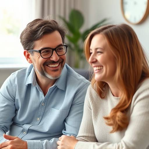 Una coach sorridente durante una sessione con un cliente, ambiente luminoso e accogliente