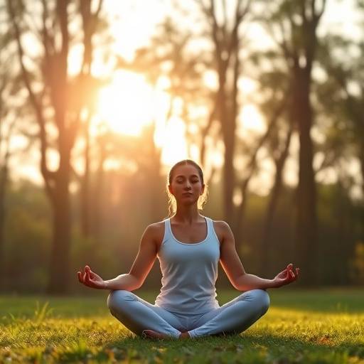 Una persona che medita in un ambiente naturale sereno, con il sole che filtra tra gli alberi