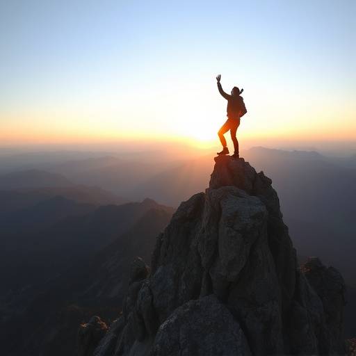 Una persona che raggiunge la cima di una montagna, simbolo di successo e raggiungimento di obiettivi